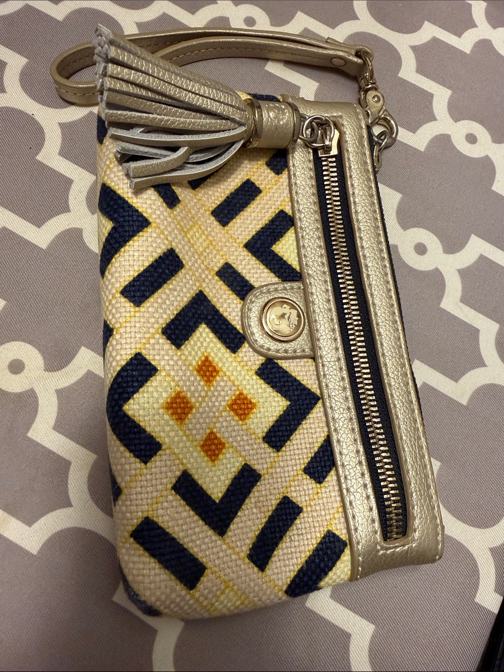 Spartina 449 Navy, Yellow & Metallic Gold Woven Wristlet with Leather Tassle